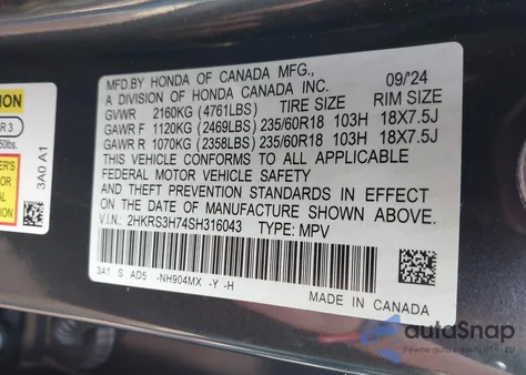 2025 Honda Cr-V Ex-L 2Wd from USA, damaged, VIN 2HKRS3H74SH316043